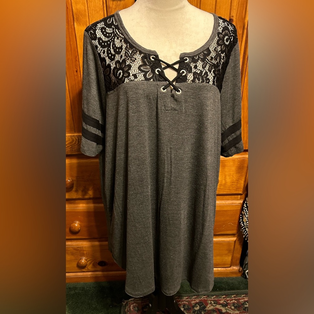 Torrid size 3 Gray Black Lace front and back. Black stripes on sleeves.